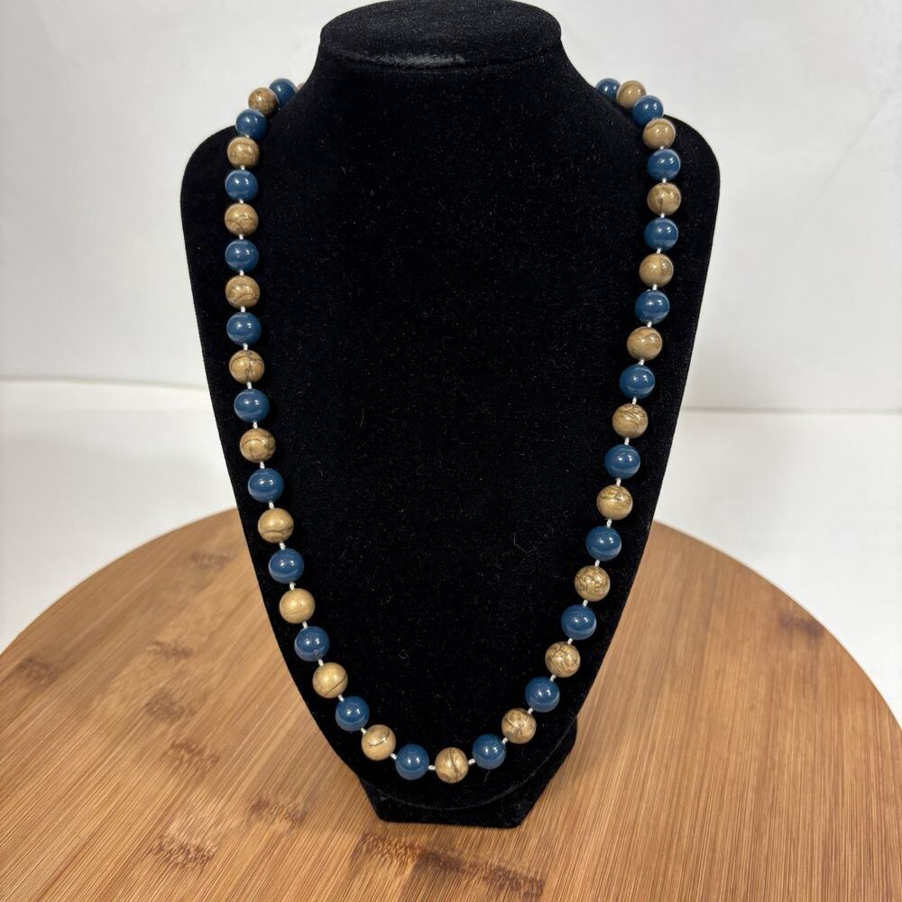 Blue and Tan Beaded Necklace 1980s Statement Vintage Jewelry Nautical Retro 23"